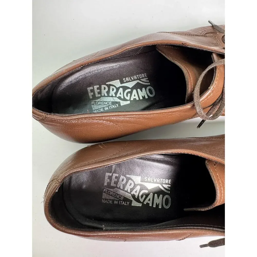 Salvatore Ferragamo Dress Derby Shoes Mens 7.5 EE Brown Leather Made In Italy